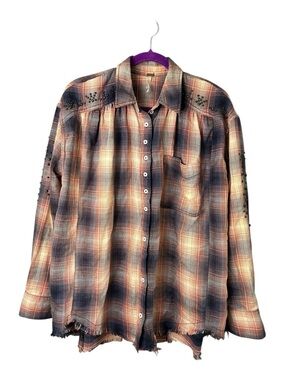 Free People Plaid Button-Down Shirt in Navy, Cream, and Rust